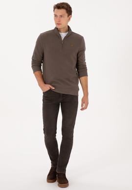 Erkek Regular Fit Yarım Fermuarlı Vizon Basic Sweatshirt - 50313802071