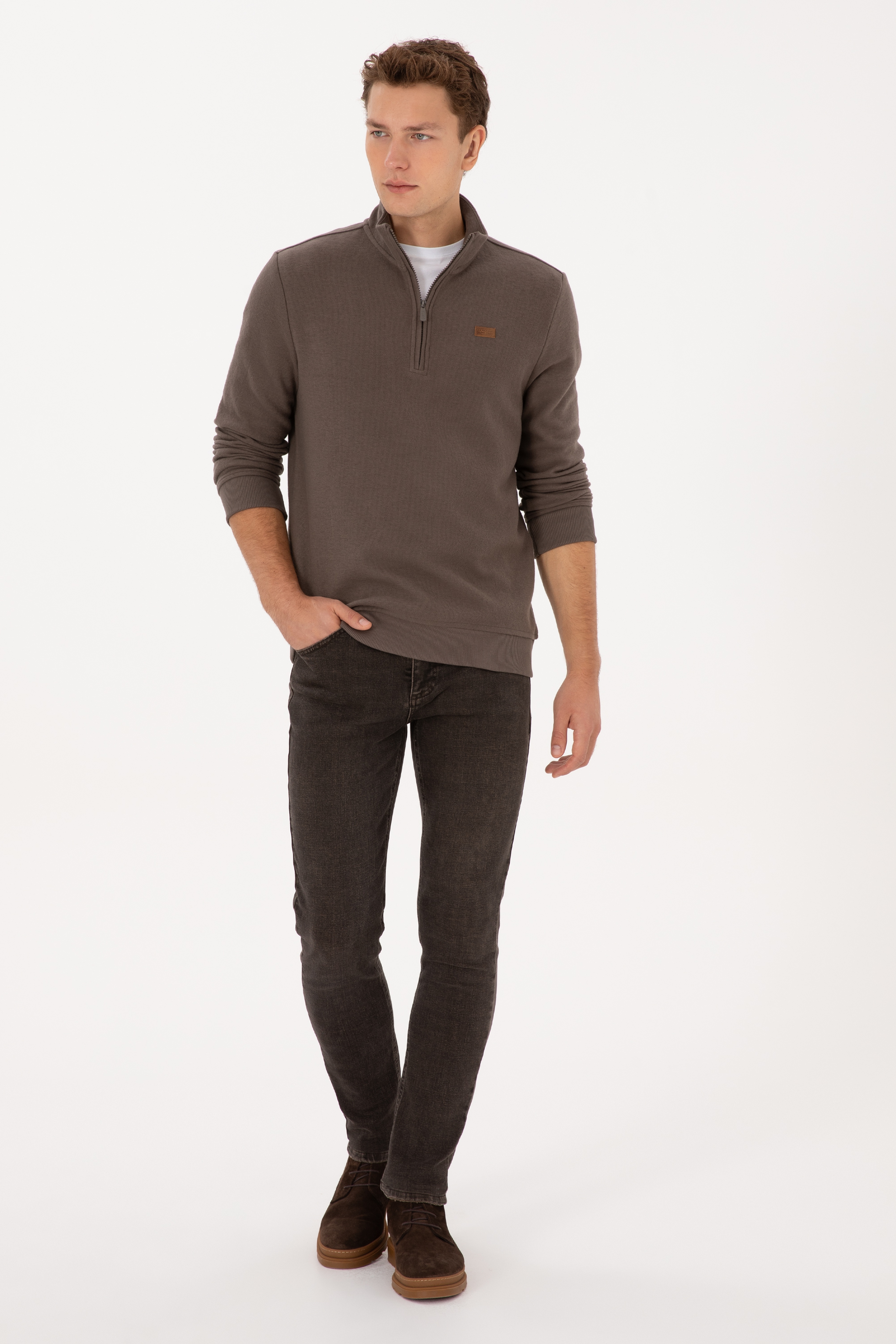 Erkek Regular Fit Yarım Fermuarlı Şardonlu Polo Yaka Vizon Basic Sweatshirt - Image 4