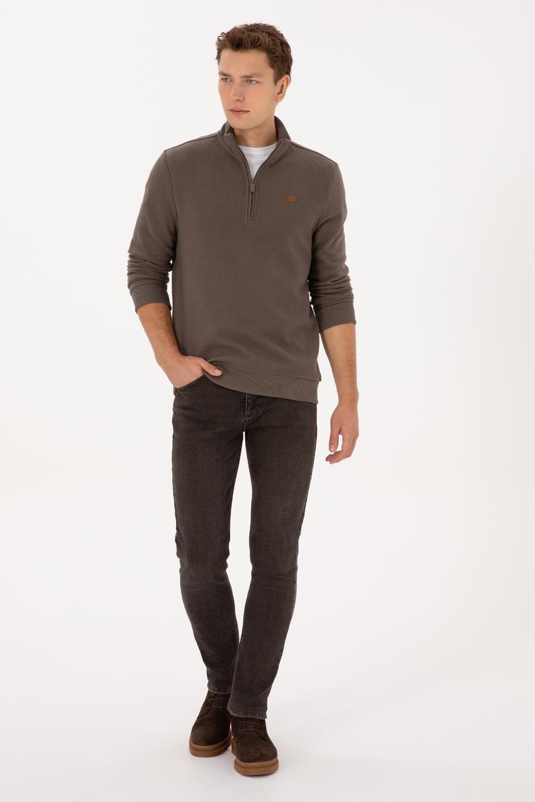 Erkek Regular Fit Yarım Fermuarlı Vizon Basic Sweatshirt - 50313802071