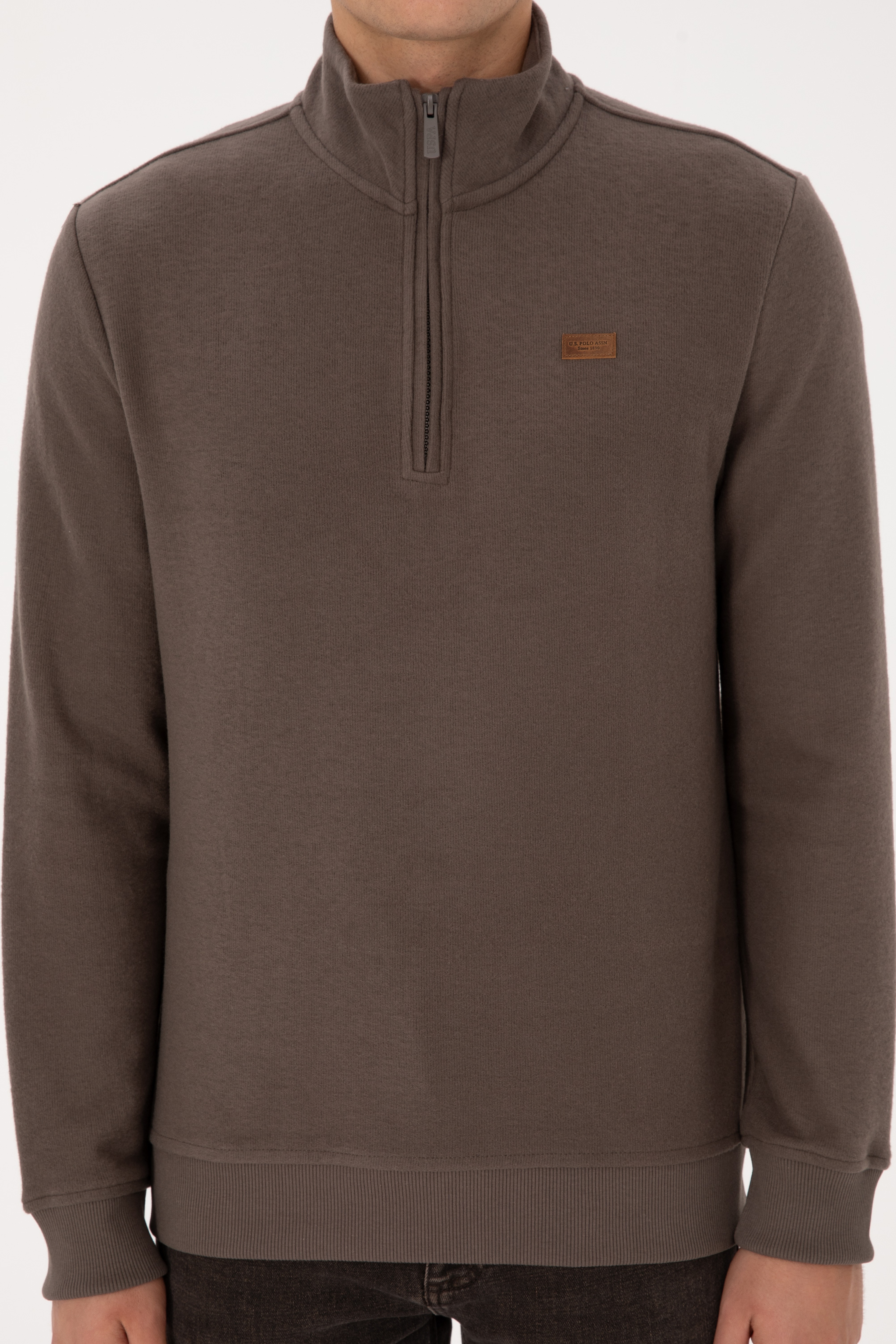 Erkek Regular Fit Yarım Fermuarlı Şardonlu Polo Yaka Vizon Basic Sweatshirt