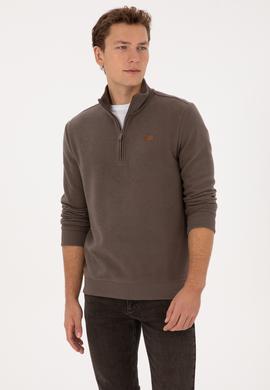 Erkek Regular Fit Yarım Fermuarlı Vizon Basic Sweatshirt - 50313802071