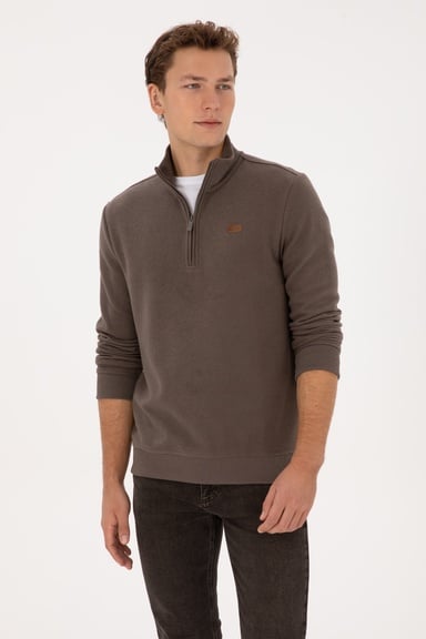 Erkek Regular Fit Yarım Fermuarlı Şardonlu Polo Yaka Vizon Basic Sweatshirt