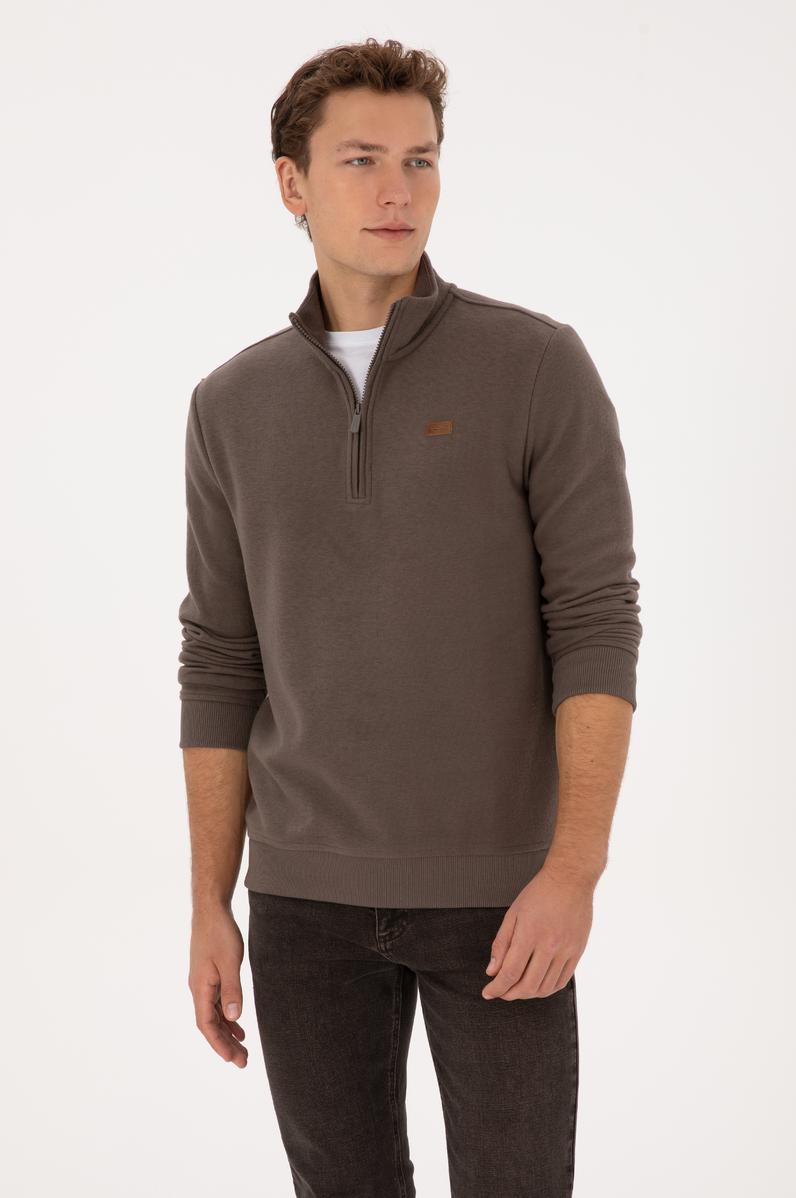 Erkek Regular Fit Yarım Fermuarlı Vizon Basic Sweatshirt