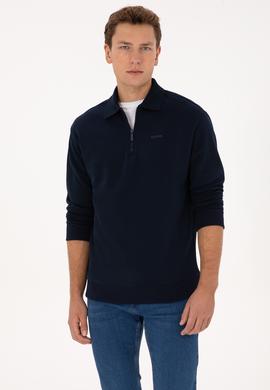 Erkek Regular Fit Yarım Fermuarlı Şardonlu Lacivert Basic Sweatshirt - 50313783016