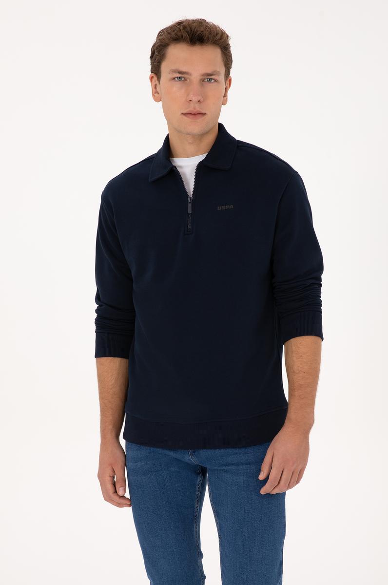 Erkek Regular Fit Yarım Fermuarlı Şardonlu Lacivert Basic Sweatshirt