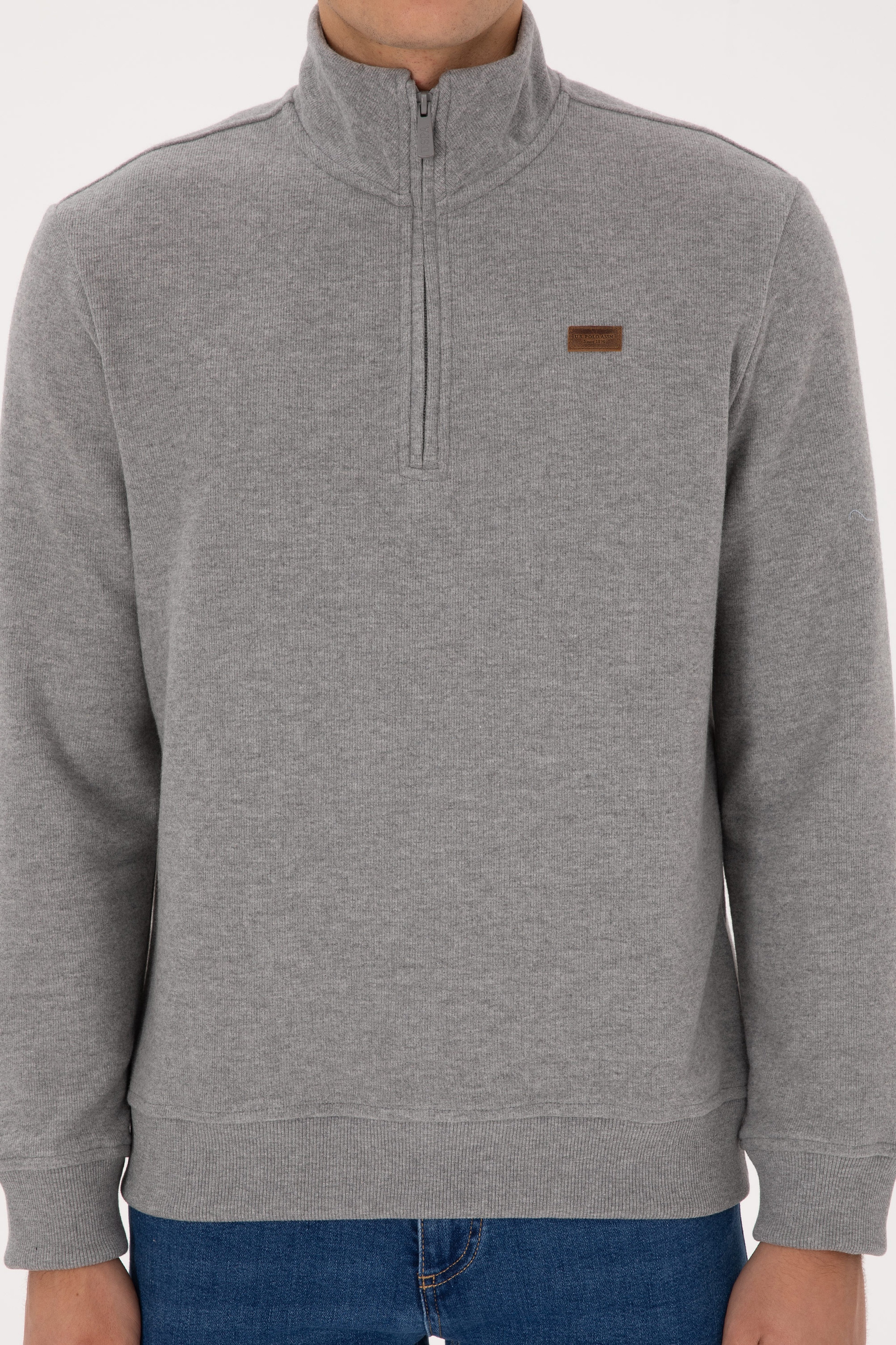 Erkek Regular Fit Yarım Fermuarlı Şardonlu Polo Yaka Gri Melanj Basic Sweatshirt - Image 6