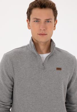 Erkek Regular Fit Yarım Fermuarlı Gri Melanj Basic Sweatshirt - 50313802003
