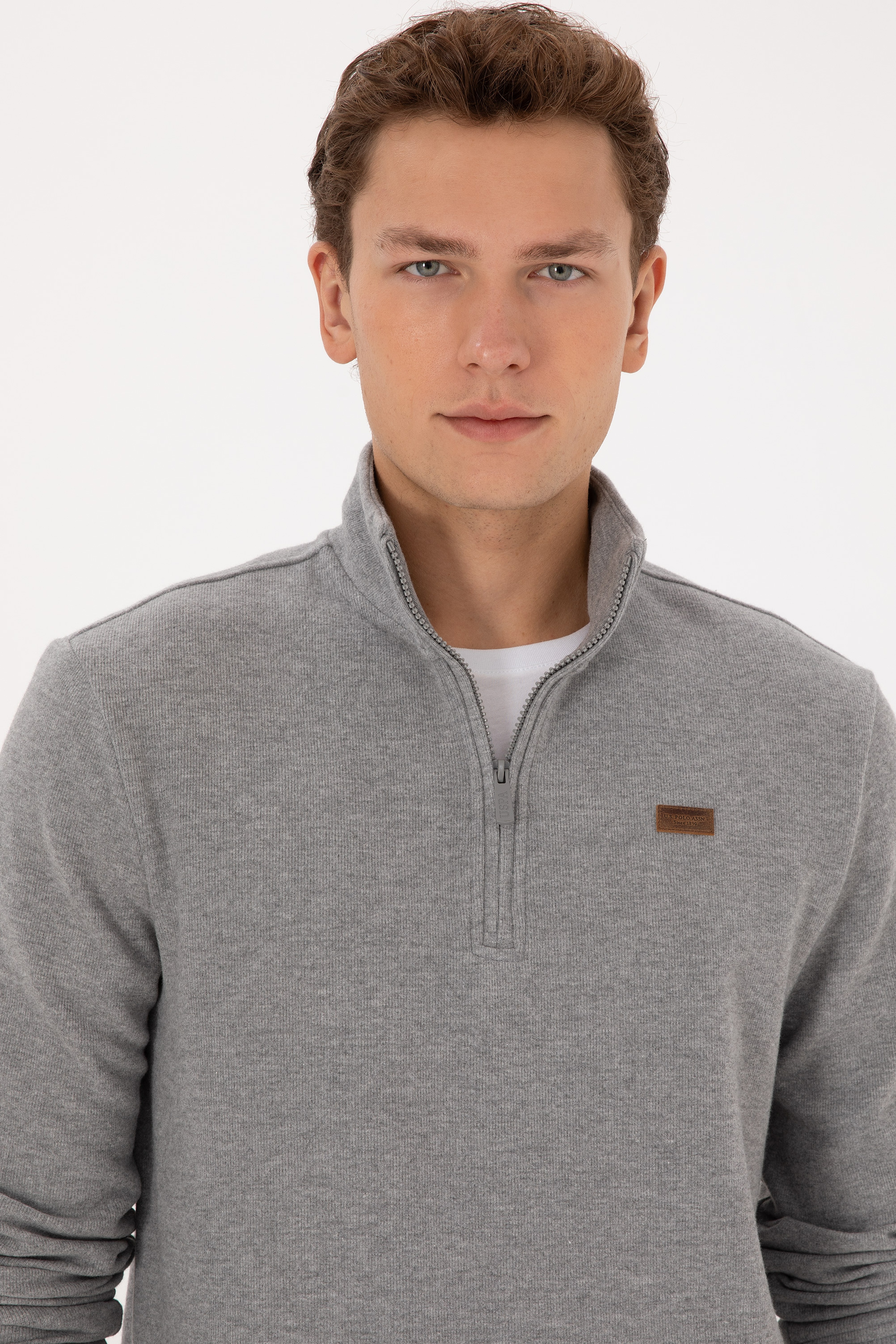 Erkek Regular Fit Yarım Fermuarlı Şardonlu Polo Yaka Gri Melanj Basic Sweatshirt