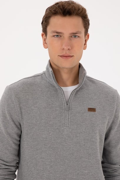 Erkek Regular Fit Yarım Fermuarlı Şardonlu Polo Yaka Gri Melanj Basic Sweatshirt