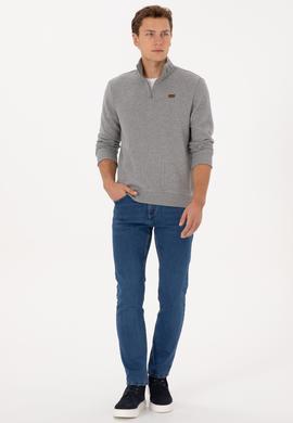 Erkek Regular Fit Yarım Fermuarlı Gri Melanj Basic Sweatshirt - 50313802003
