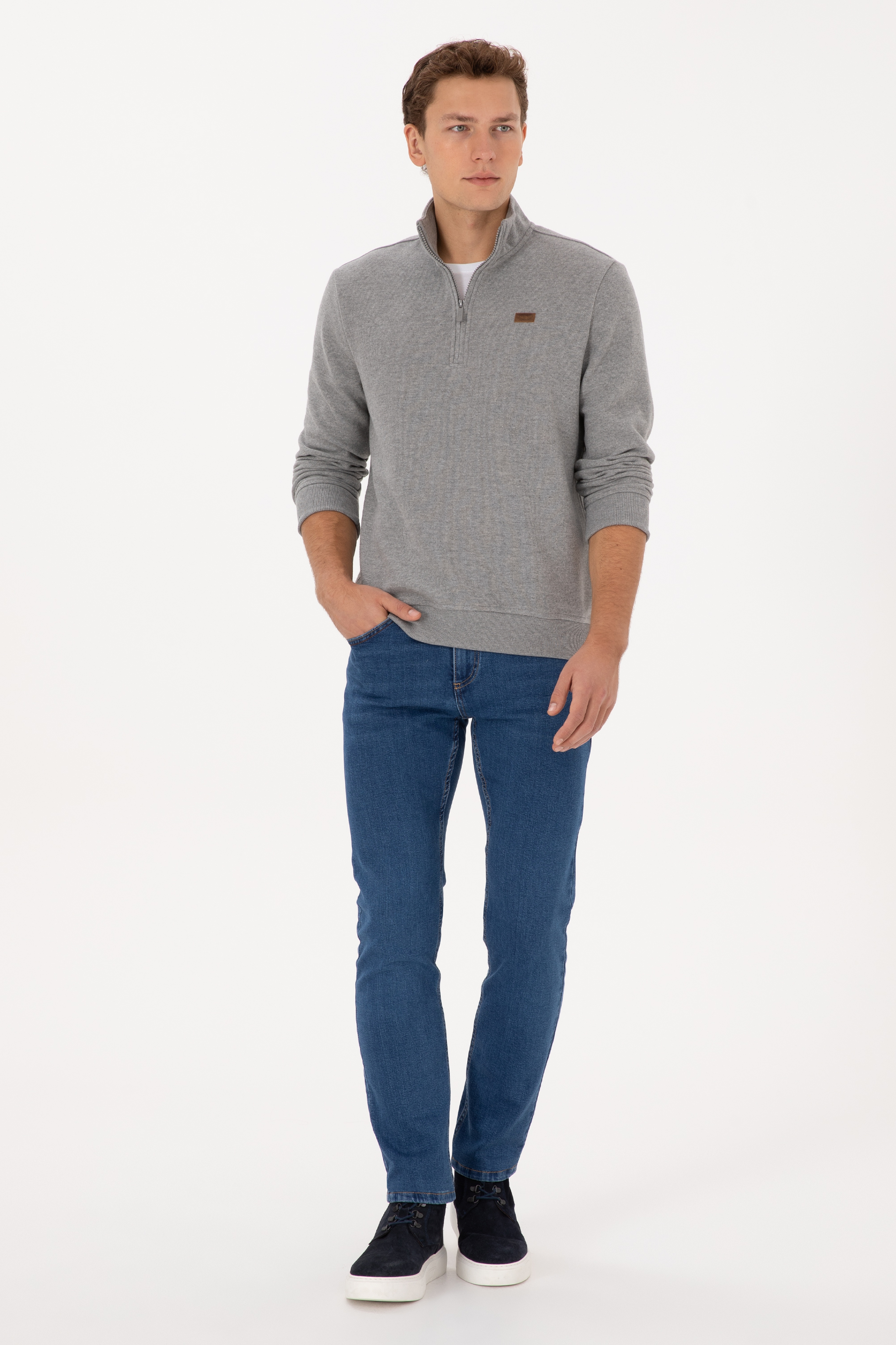 Erkek Regular Fit Yarım Fermuarlı Şardonlu Polo Yaka Gri Melanj Basic Sweatshirt - Image 4