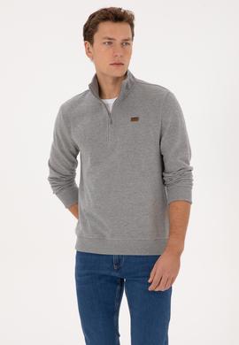 Erkek Regular Fit Yarım Fermuarlı Gri Melanj Basic Sweatshirt - 50313802003