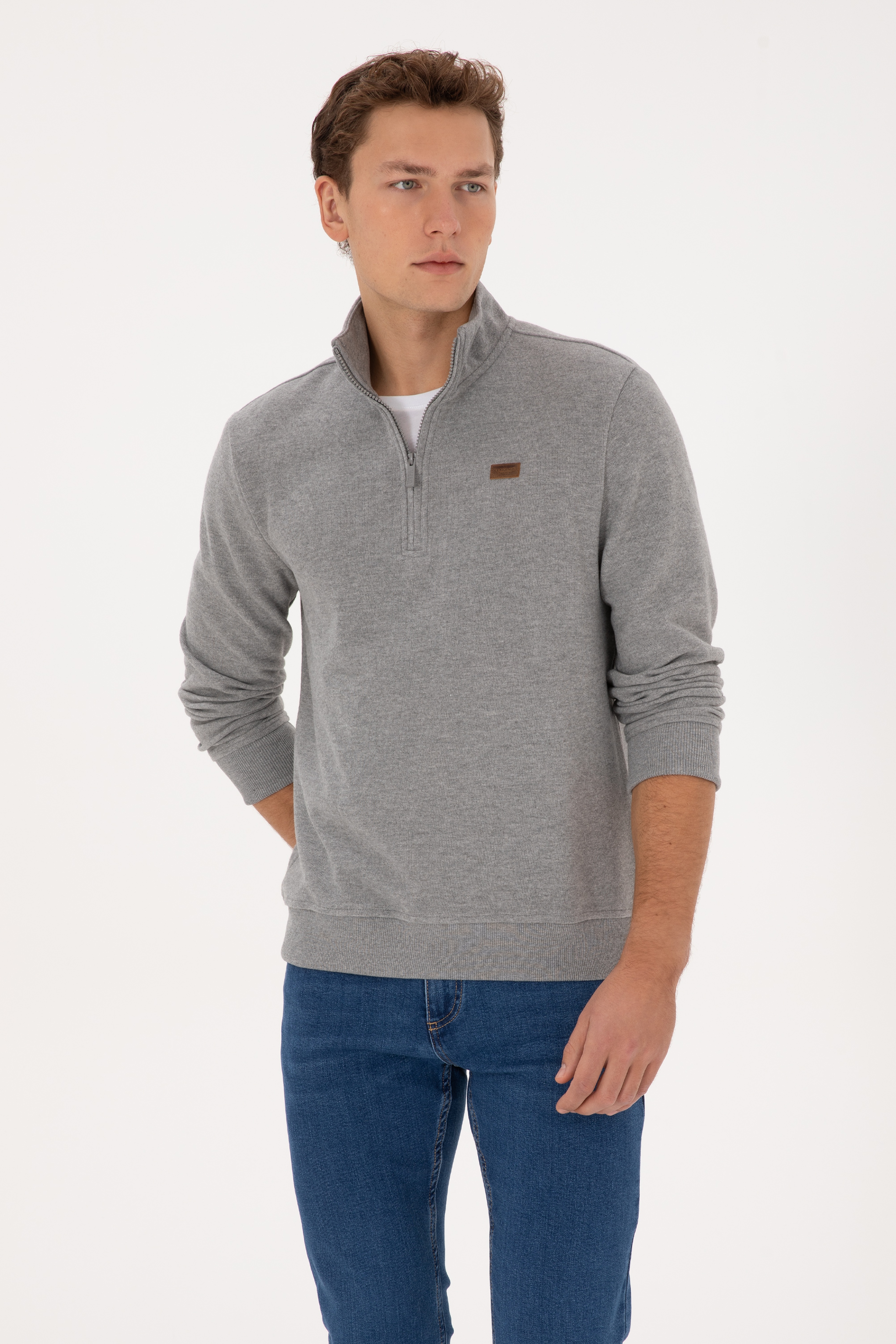 Erkek Regular Fit Yarım Fermuarlı Şardonlu Polo Yaka Gri Melanj Basic Sweatshirt - Image 3