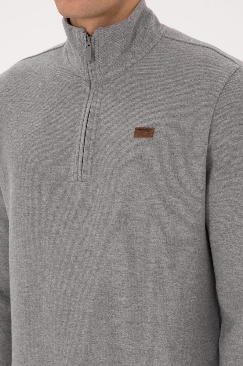 Erkek Regular Fit Yarım Fermuarlı Gri Melanj Basic Sweatshirt