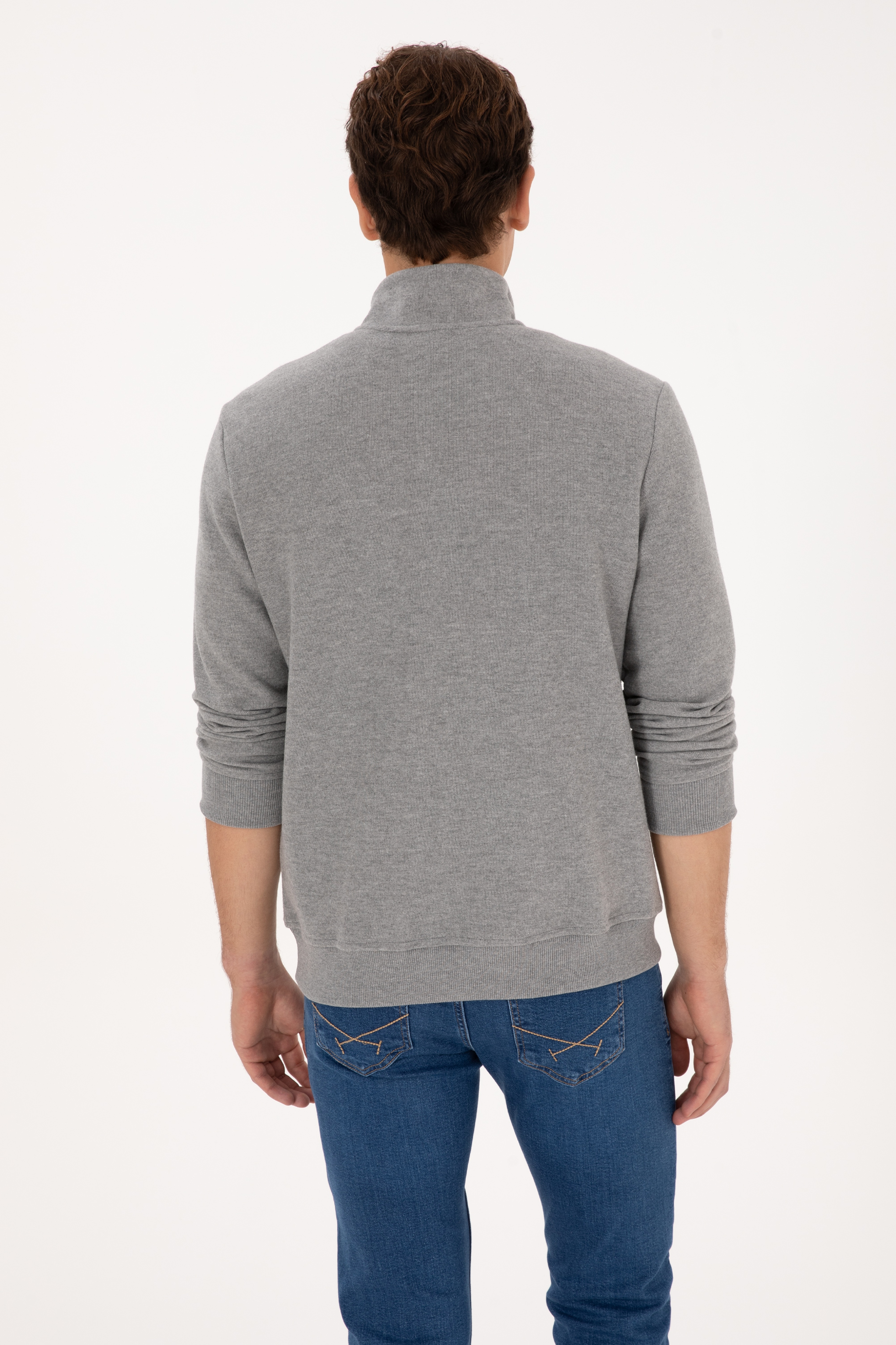 Erkek Regular Fit Yarım Fermuarlı Şardonlu Polo Yaka Gri Melanj Basic Sweatshirt - Image 5