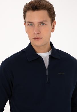 Erkek Regular Fit Yarım Fermuarlı Şardonlu Lacivert Basic Sweatshirt - 50313783016