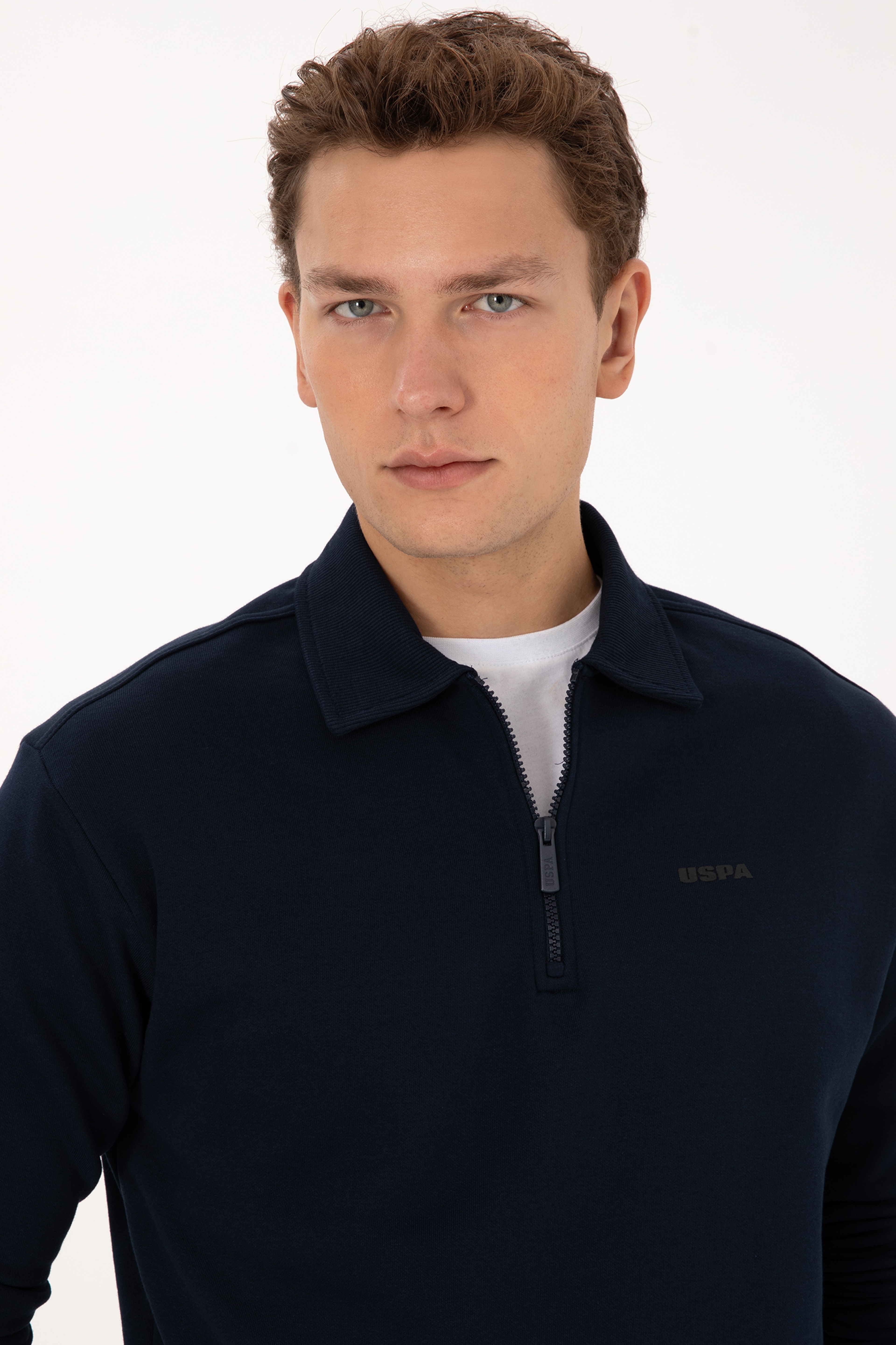 Erkek Regular Fit Yarım Fermuarlı Şardonlu Polo Yaka Lacivert Basic Sweatshirt - Image 2