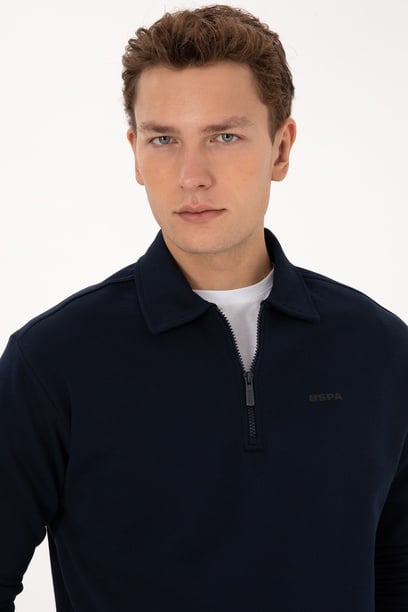 Erkek Regular Fit Yarım Fermuarlı Şardonlu Polo Yaka Lacivert Basic Sweatshirt