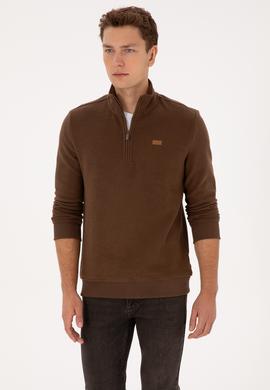 Erkek Regular Fit Yarım Fermuarlı Kahverengi Basic Sweatshirt - 50313802039