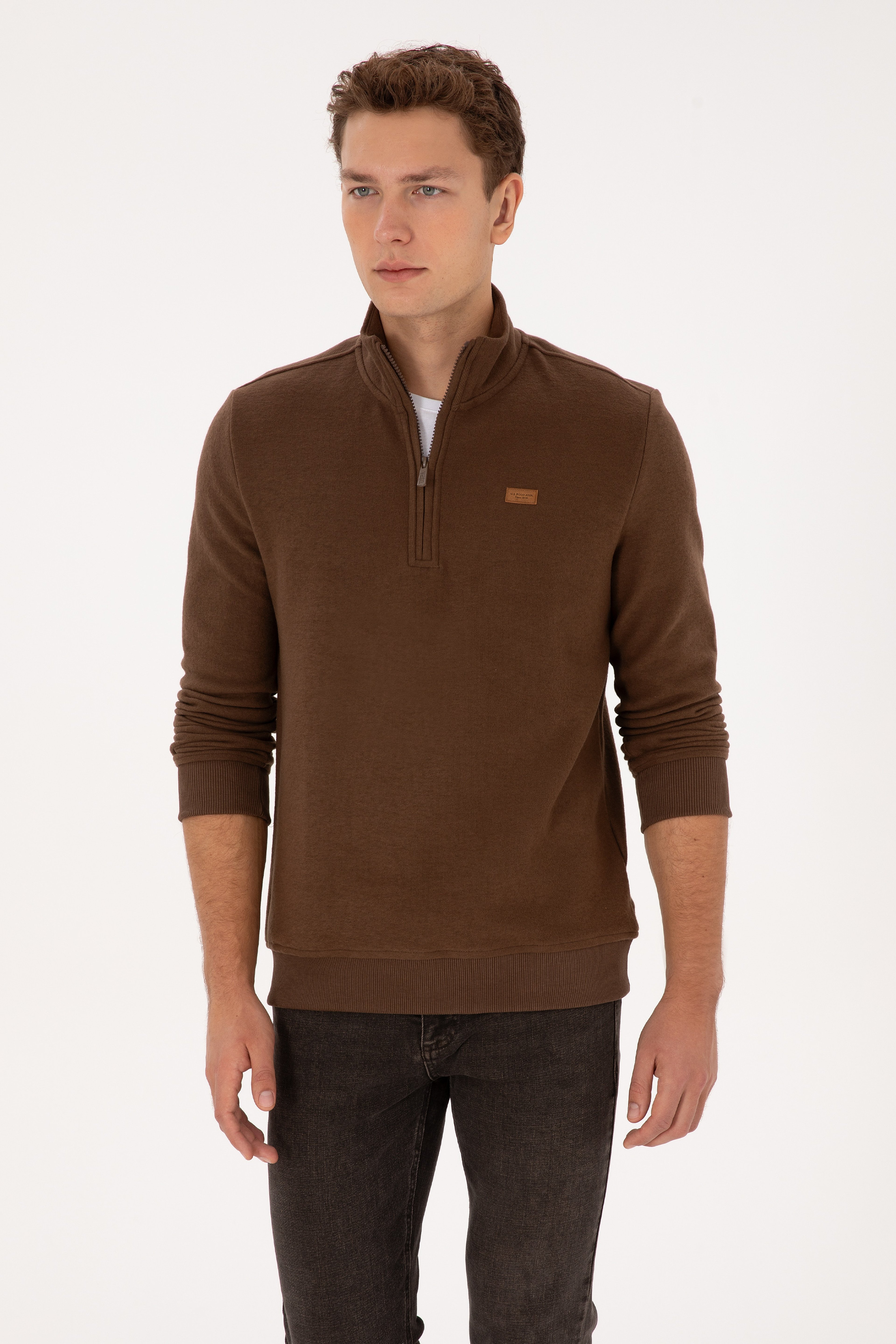 Erkek Regular Fit Yarım Fermuarlı Şardonlu Polo Yaka Kahverengi Basic Sweatshirt