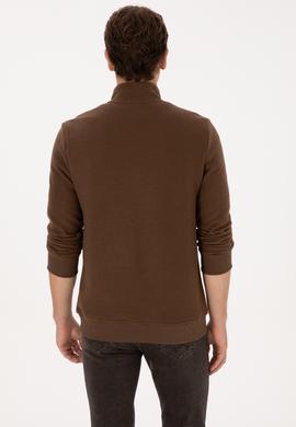Erkek Regular Fit Yarım Fermuarlı Kahverengi Basic Sweatshirt - 50313802039
