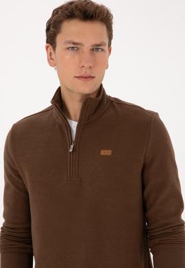 Erkek Regular Fit Yarım Fermuarlı Kahverengi Basic Sweatshirt - 50313802039