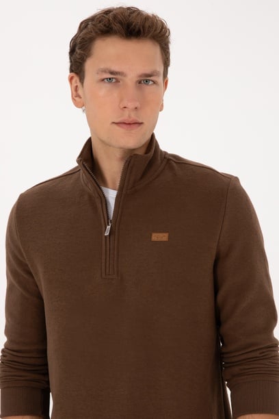 Erkek Regular Fit Yarım Fermuarlı Şardonlu Polo Yaka Kahverengi Basic Sweatshirt