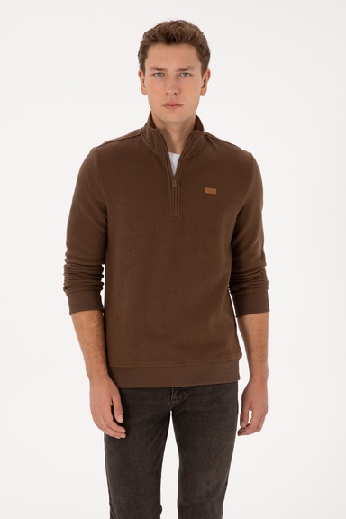 Erkek Regular Fit Yarım Fermuarlı Şardonlu Polo Yaka Kahverengi Basic Sweatshirt