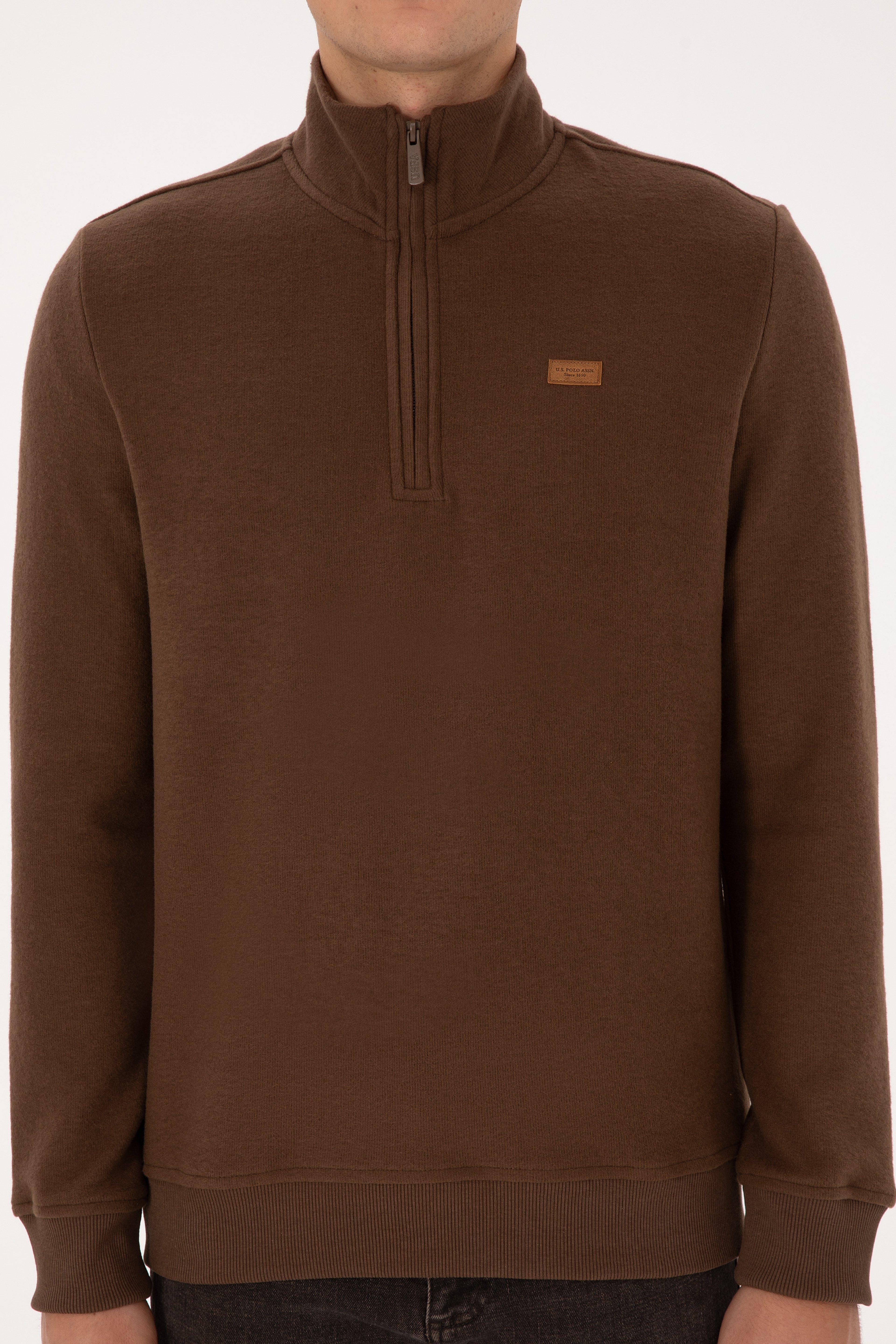 Erkek Regular Fit Yarım Fermuarlı Şardonlu Polo Yaka Kahverengi Basic Sweatshirt - Image 6