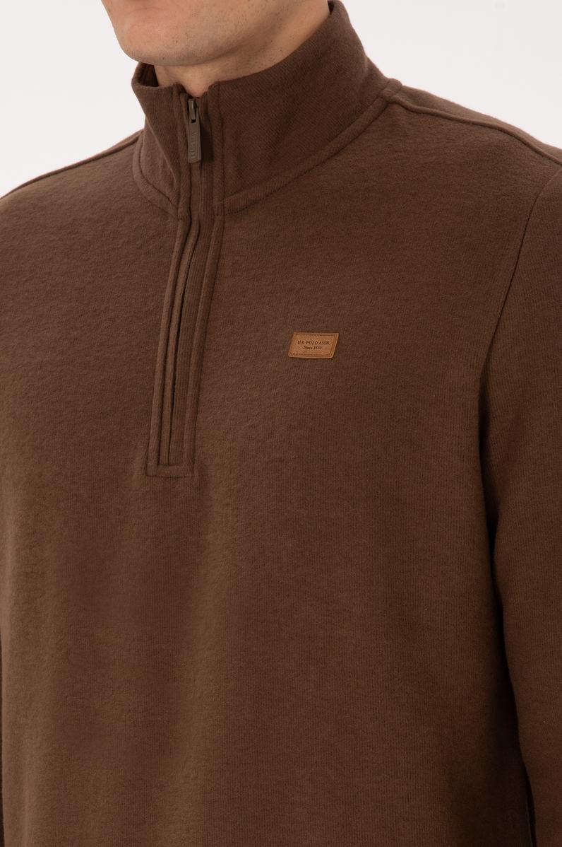 Erkek Regular Fit Yarım Fermuarlı Kahverengi Basic Sweatshirt