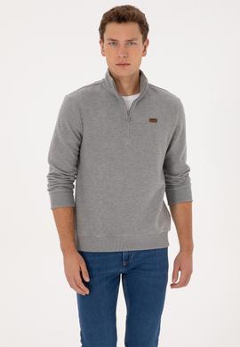 Erkek Regular Fit Yarım Fermuarlı Gri Melanj Basic Sweatshirt - 50313802003