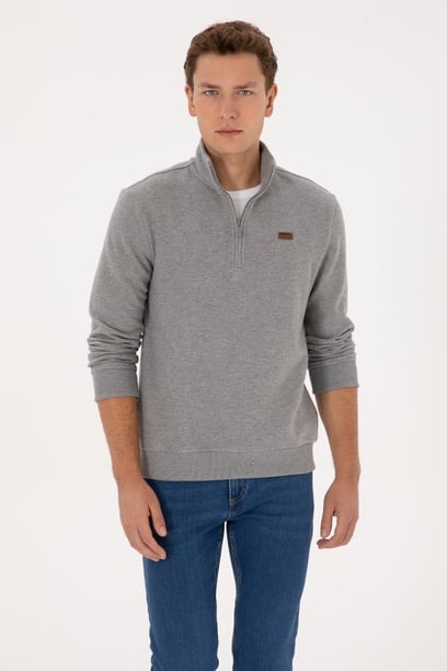 Erkek Regular Fit Yarım Fermuarlı Şardonlu Polo Yaka Gri Melanj Basic Sweatshirt