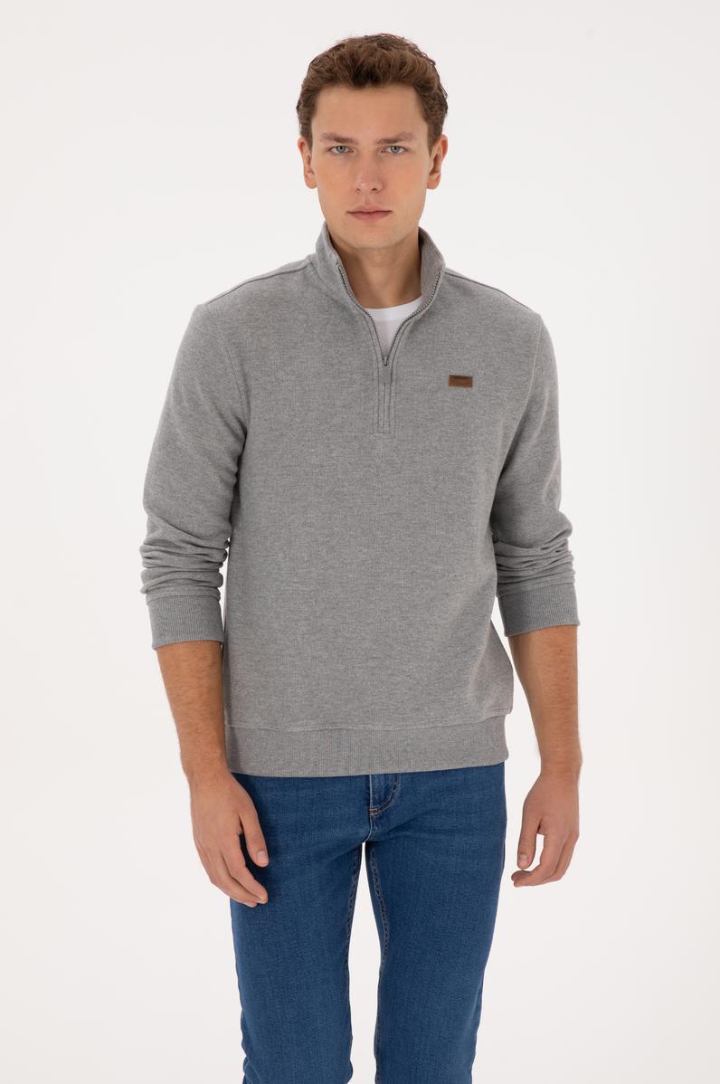 Erkek Regular Fit Yarım Fermuarlı Gri Melanj Basic Sweatshirt