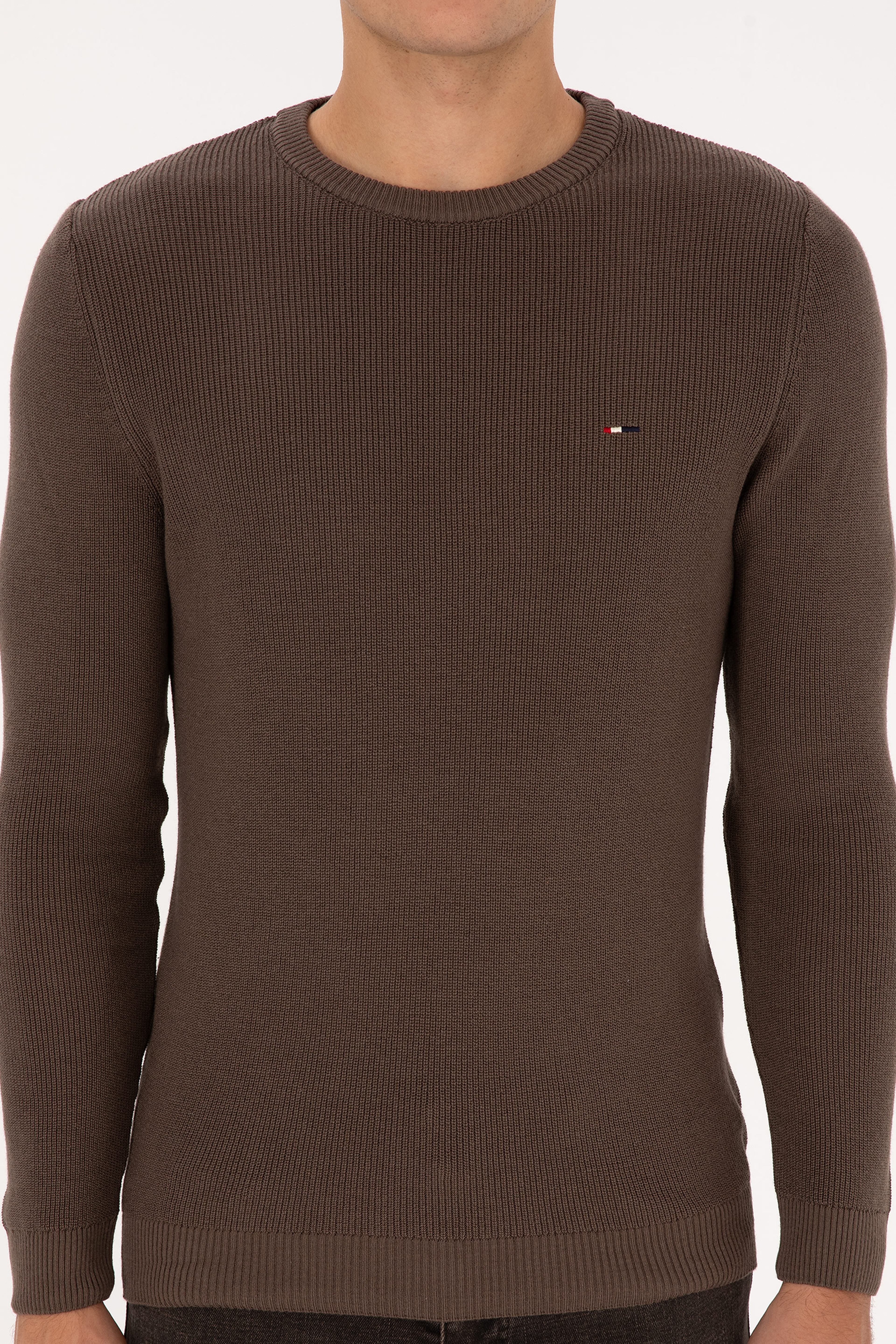 Erkek Slim Fit Bisiklet Yaka Vizon Basic Kazak