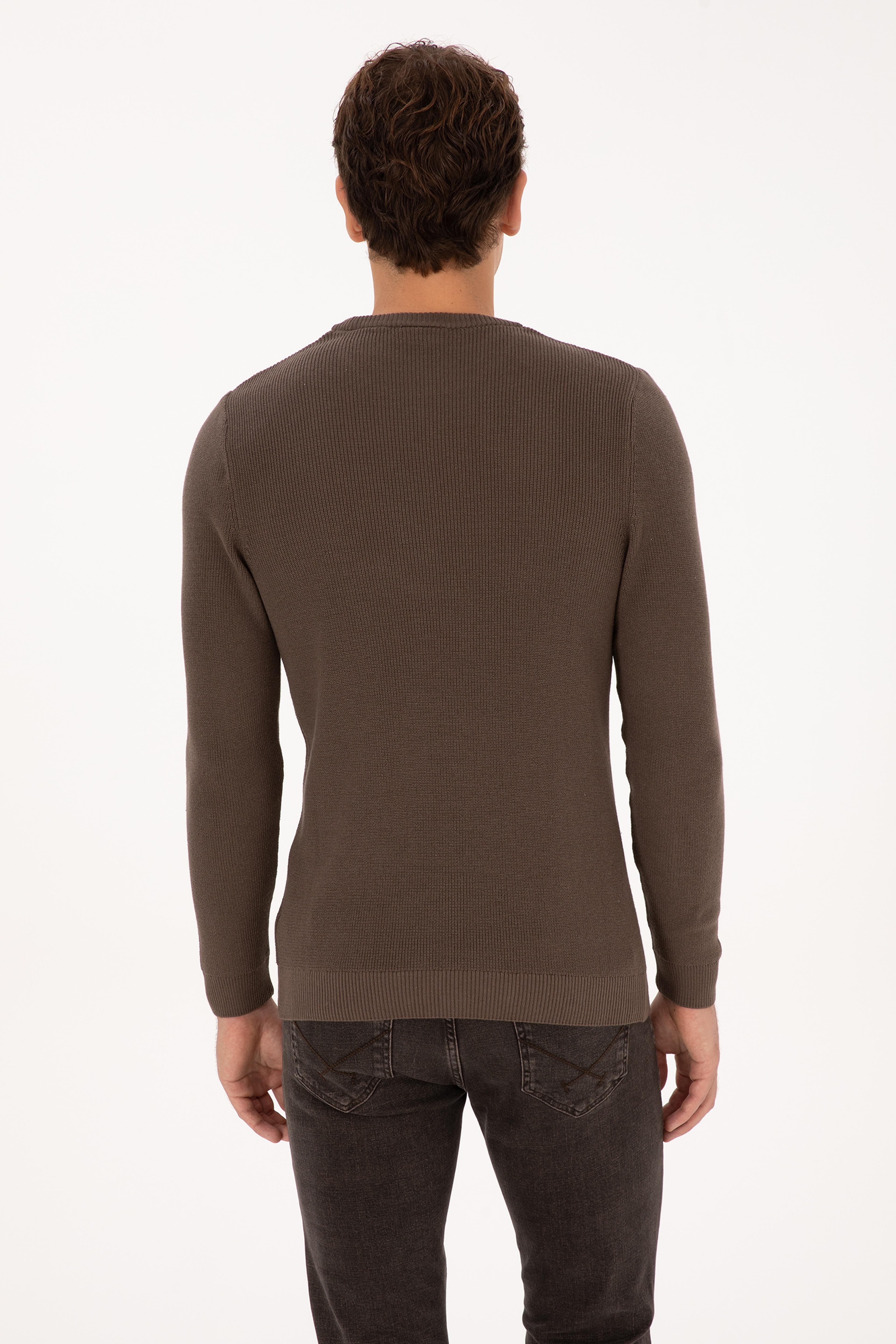 Erkek Slim Fit Bisiklet Yaka Vizon Basic Kazak - Image 5