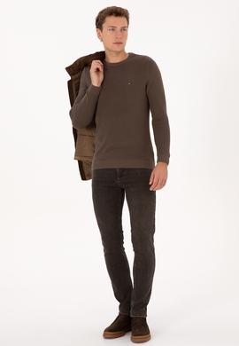 Erkek Slim Fit Bisiklet Yaka Vizon Basic Kazak - 50313667095