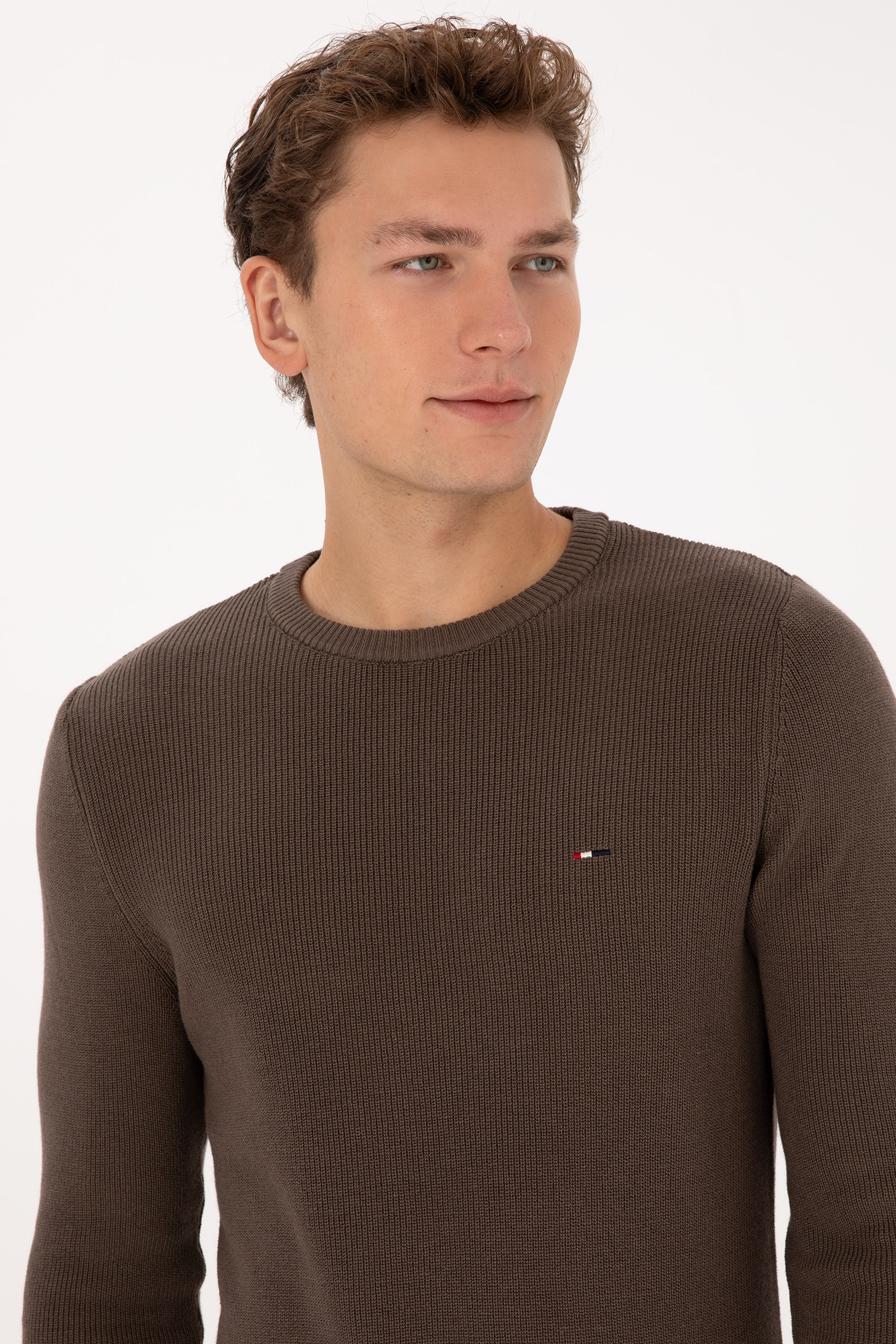 Erkek Slim Fit Bisiklet Yaka Vizon Basic Kazak - Image 2