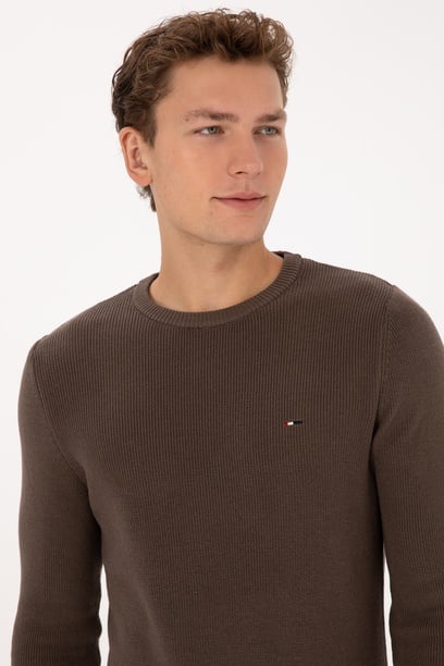 Erkek Slim Fit Bisiklet Yaka Vizon Basic Kazak