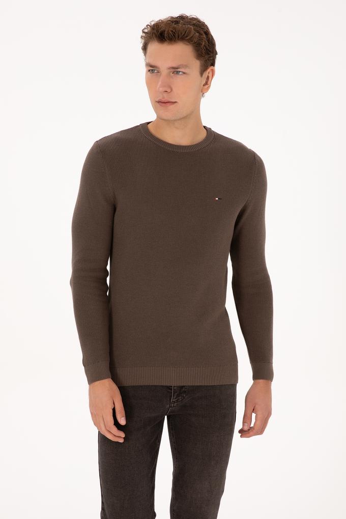 Erkek Slim Fit Bisiklet Yaka Vizon Basic Kazak