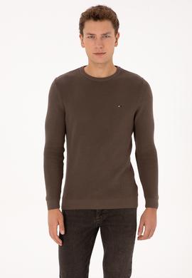Erkek Slim Fit Bisiklet Yaka Vizon Basic Kazak - 50313667095