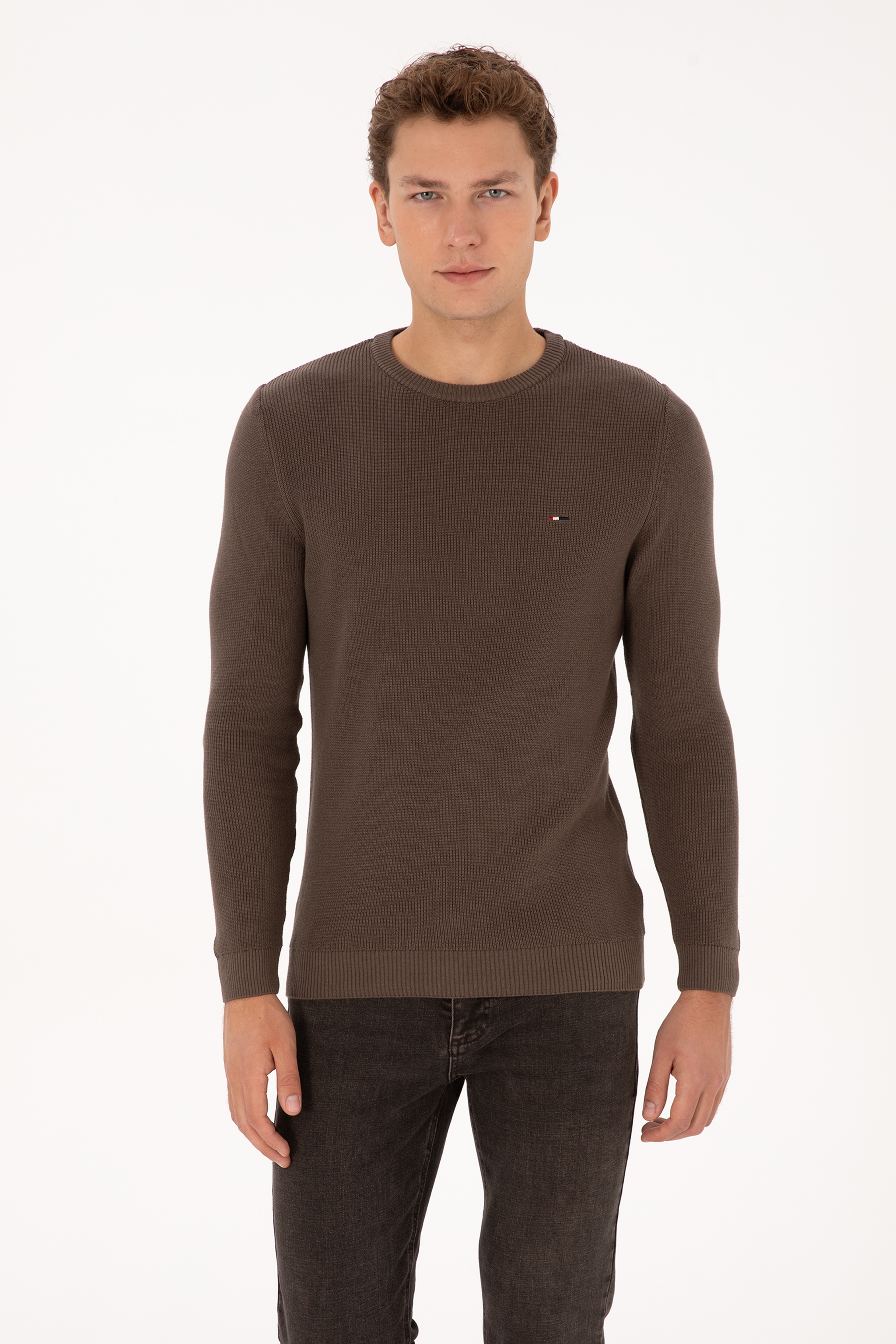 Erkek Slim Fit Bisiklet Yaka Vizon Basic Kazak