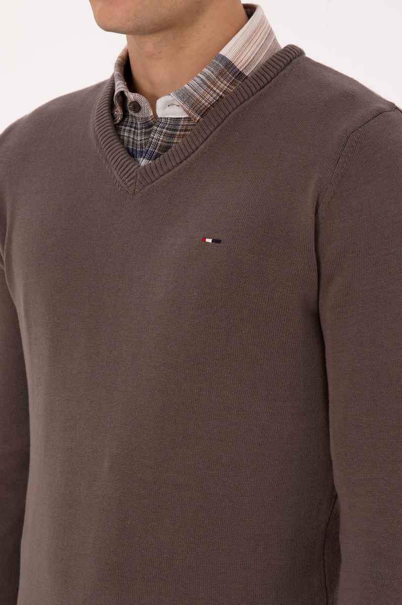 Erkek Slim Fit V Yaka Vizon Basic Kazak