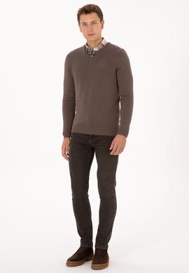 Erkek Slim Fit V Yaka Vizon Basic Kazak - 50313668078
