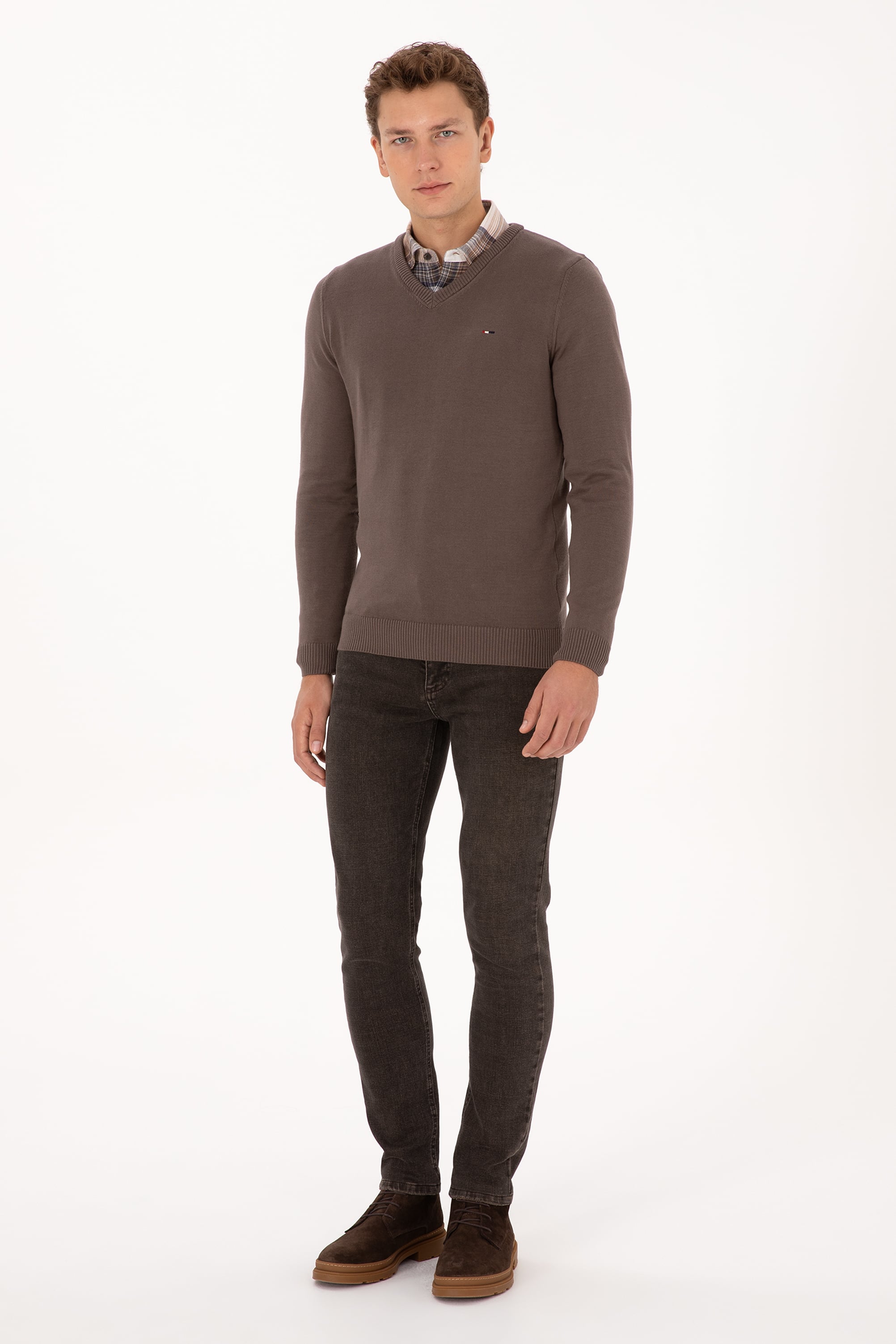 Erkek Slim Fit V Yaka Vizon Basic Kazak