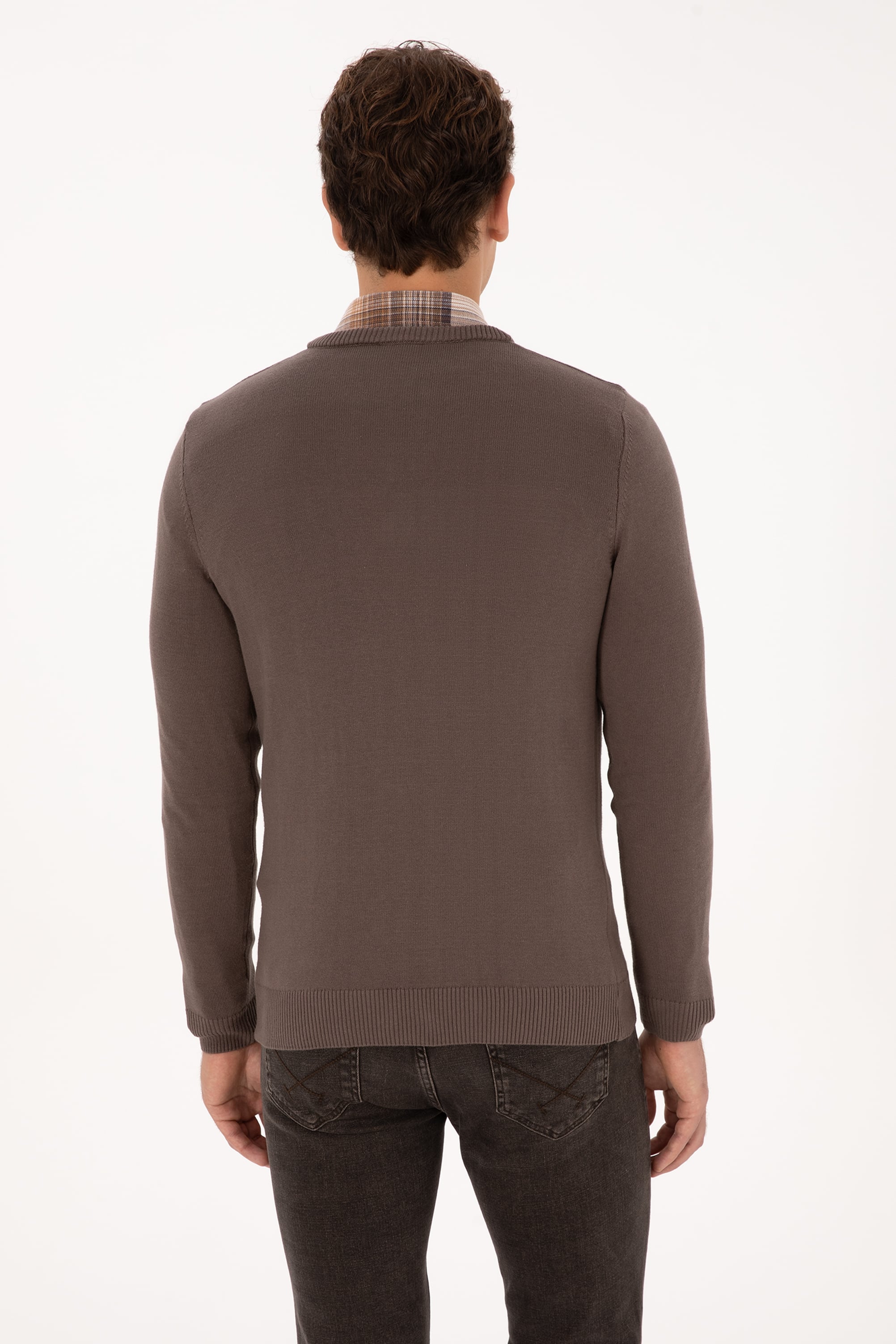 Erkek Slim Fit V Yaka Vizon Basic Kazak