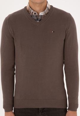 Erkek Slim Fit V Yaka Vizon Basic Kazak - 50313668078