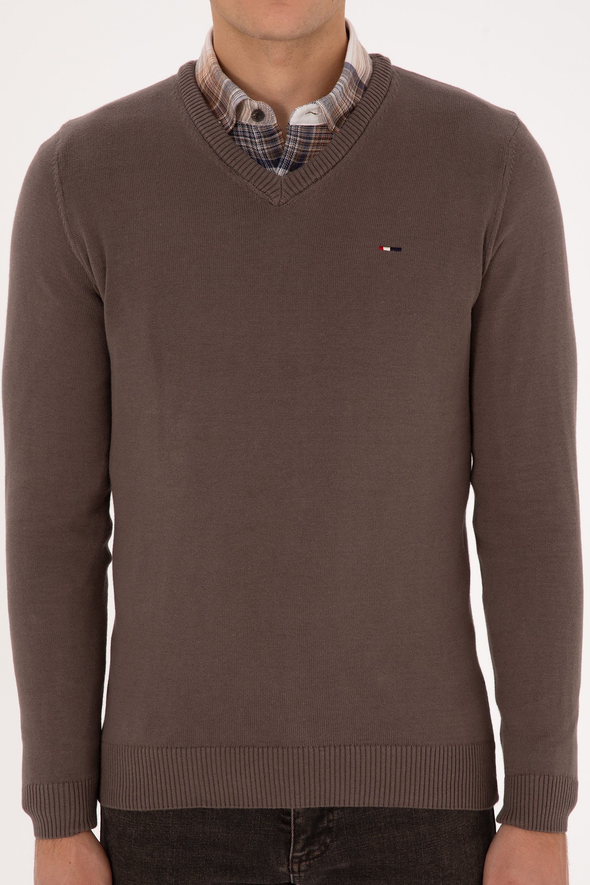 Erkek Slim Fit V Yaka Vizon Basic Kazak