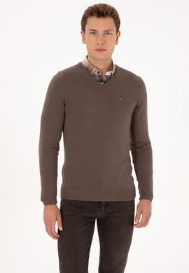 Erkek Slim Fit V Yaka Vizon Basic Kazak - 50313668078