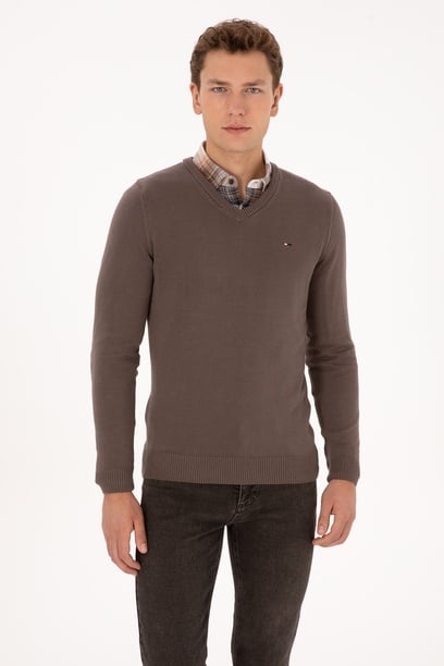 Erkek Slim Fit V Yaka Vizon Basic Kazak