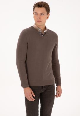 Erkek Slim Fit V Yaka Vizon Basic Kazak - 50313668078